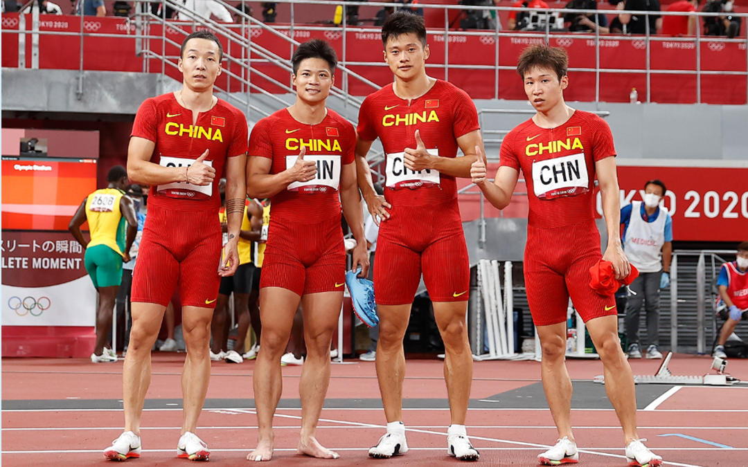 中國男子4×100米接力隊東京奧運會主力隊員吳智強、蘇炳添、謝震業、湯星強（從左至右）均入圍世錦賽名單。